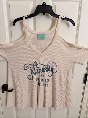 Judith March Cream Cold-Shoulder V-Neck Top with Blue Namastay Graphic
